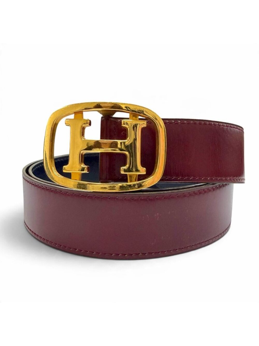 Hermes Vintage Leather Gold H Logo Buckle Reversible Belt Navy Bordeaux 90
